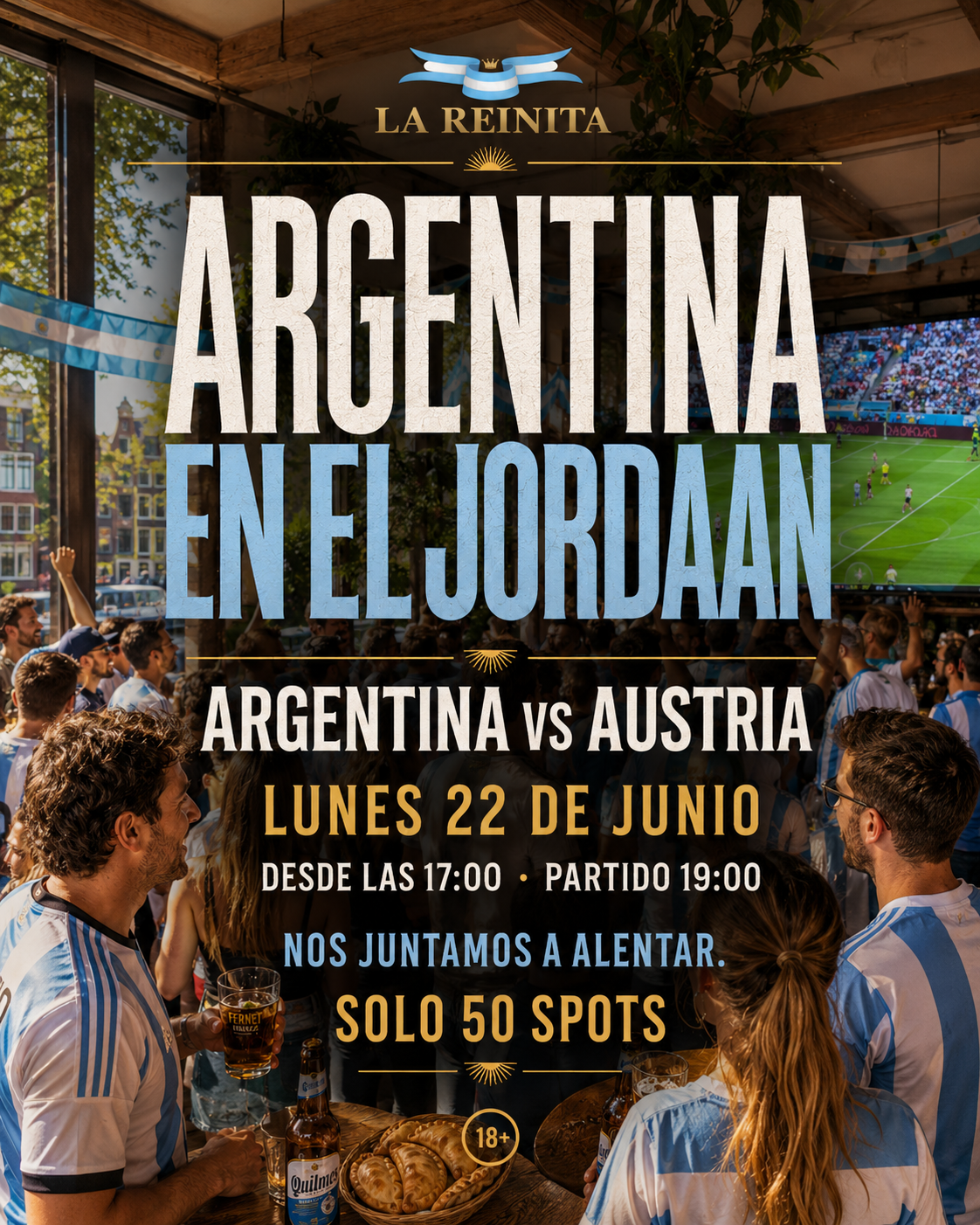 Argentina en el Jordaan — evento La Reinita x Mooi Mate para ver Argentina vs Austria en Amsterdam